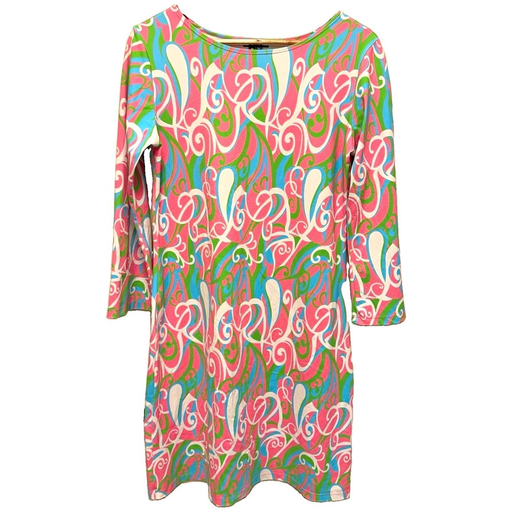 Melly M Abstract Print swirl Shift Dress Crew Neck 3/4 Sleeve Stretch Jersey M